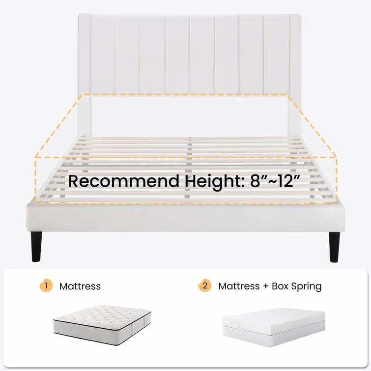 Full size bed frame with mattress and box spring, showing recommended height range.