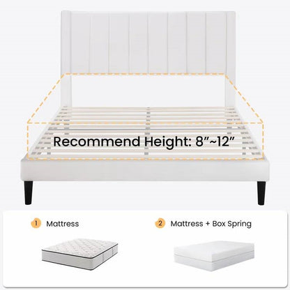 Full size bed frame with mattress and box spring, showing recommended height range.