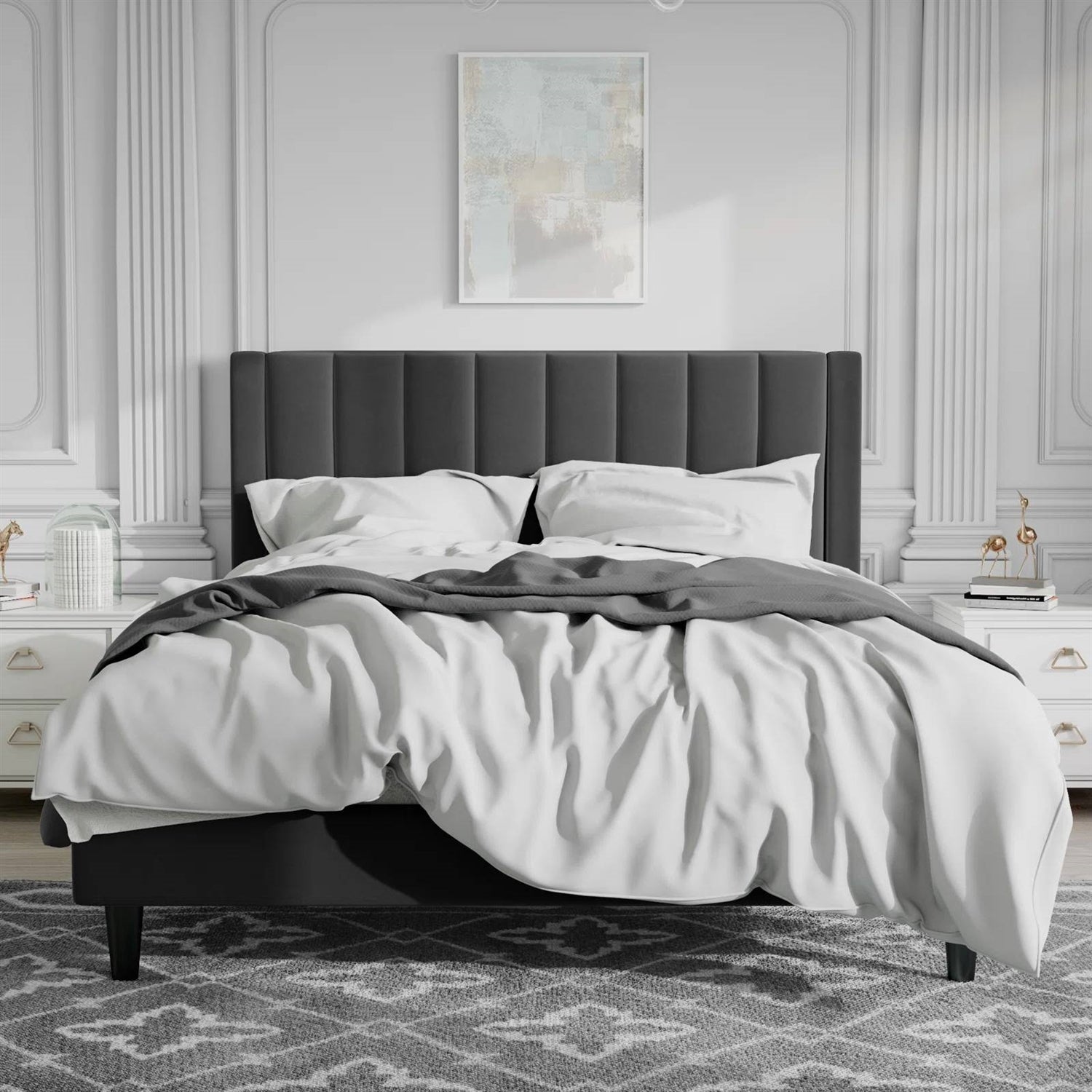 Full size black velvet bed frame in modern room with luxury bedding