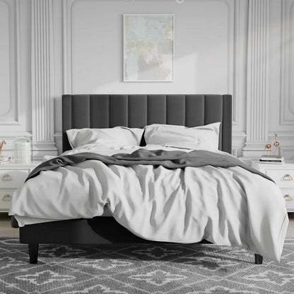 Full size black velvet bed frame in modern room with luxury bedding