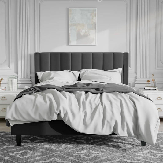 Full size black velvet bed frame in modern room with luxury bedding