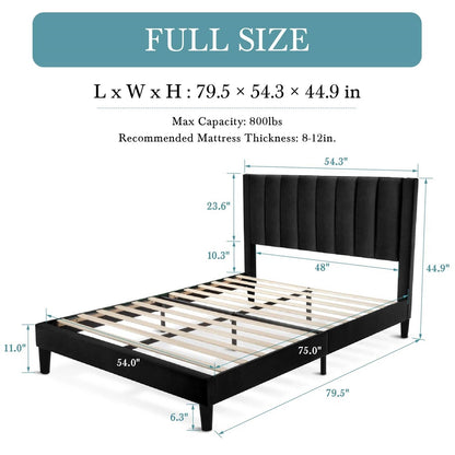 Full size black luxury bed frame with dimensions and specifications on a white background
