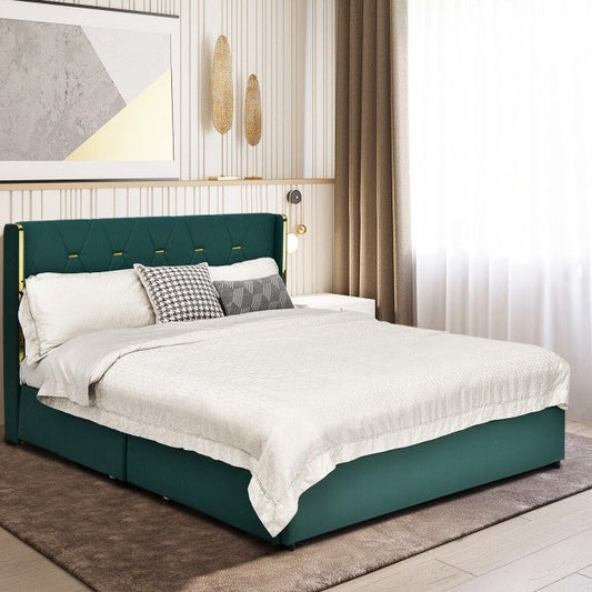 Green and gold full size bed frame with white bedding in a bedroom setting