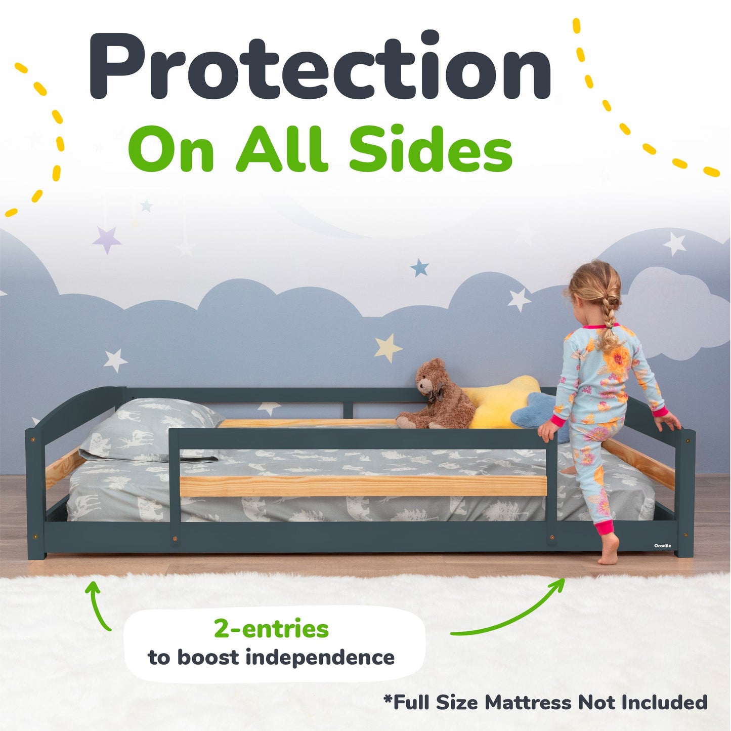 Children's bed with guardrails and a child standing next to it, with text indicating 'Protection On All Sides' and '2-entries to boost independence'.