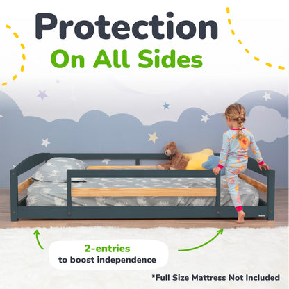 Children's bed with guardrails and a child standing next to it, with text indicating 'Protection On All Sides' and '2-entries to boost independence'.