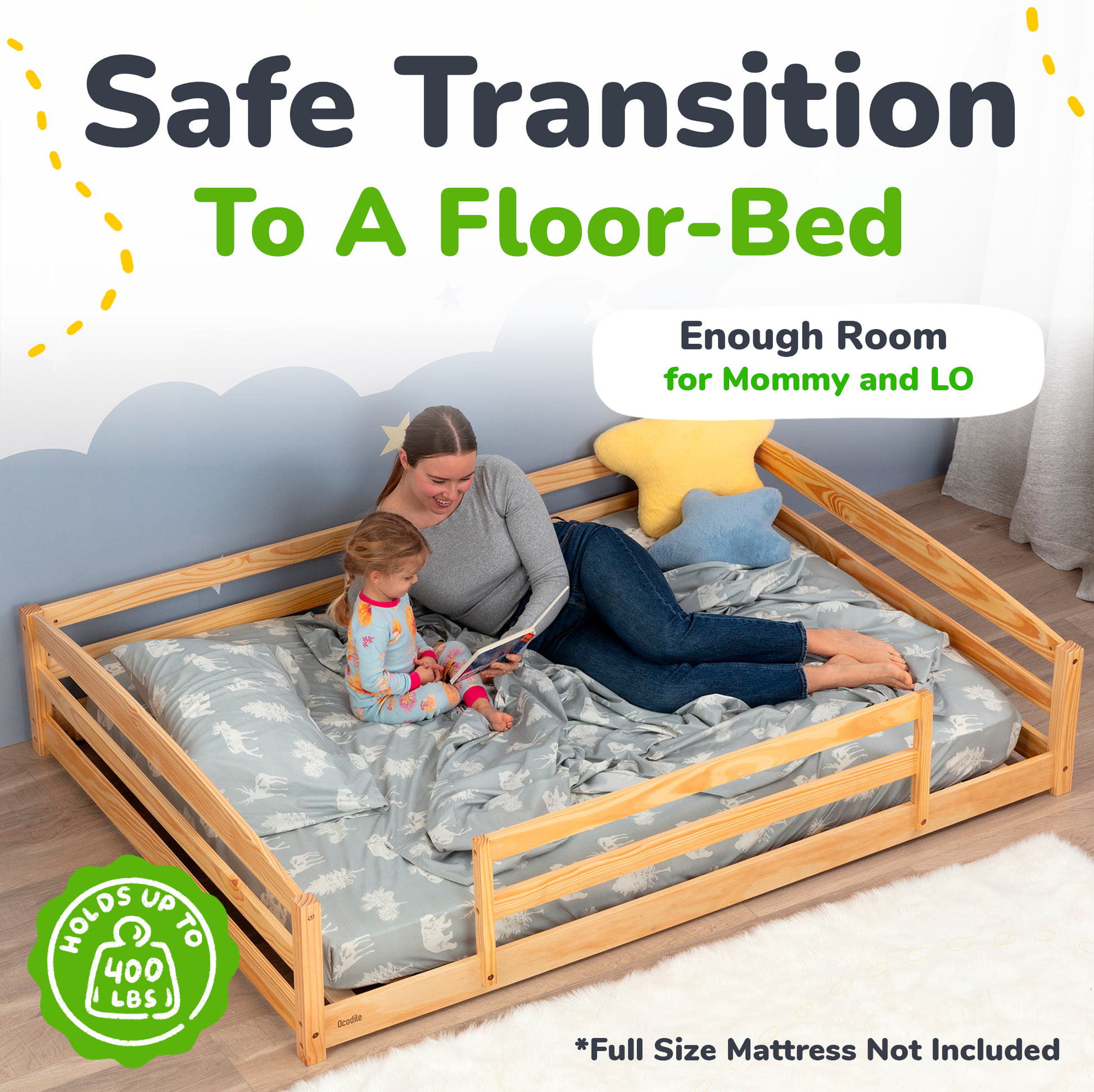 Woman and child on a wooden floor-bed with safety rail, text 'Safe Transition To A Floor-Bed' and 'Enough Room for Mommy and LO'.