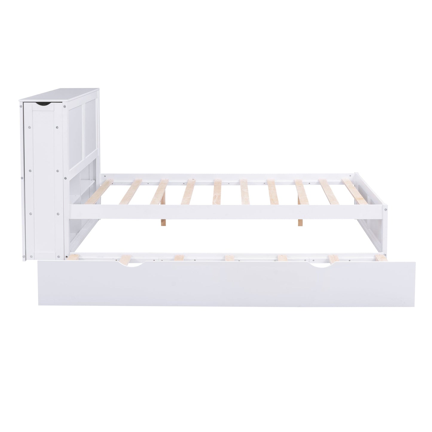 White trundle bed frame with wooden slats on a white background