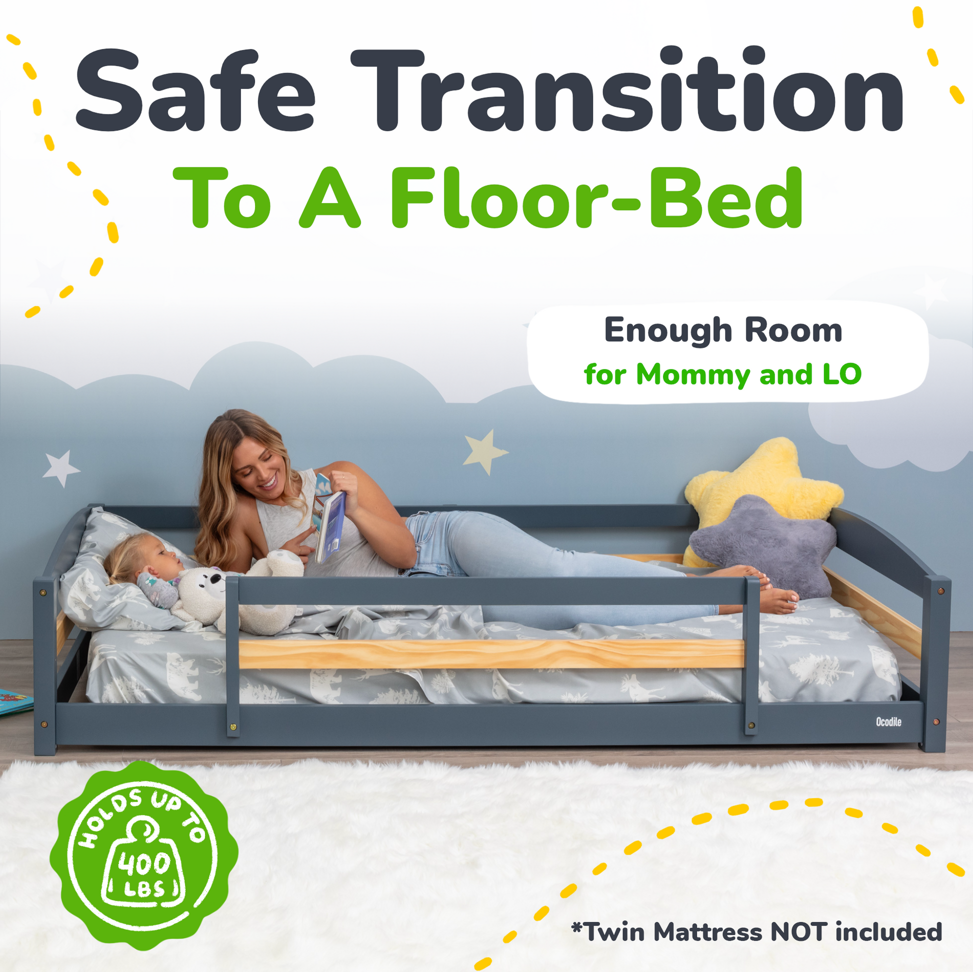 Advertisement for a floor-bed with a mother and child on it, featuring text about a safe transition to a floor-bed.