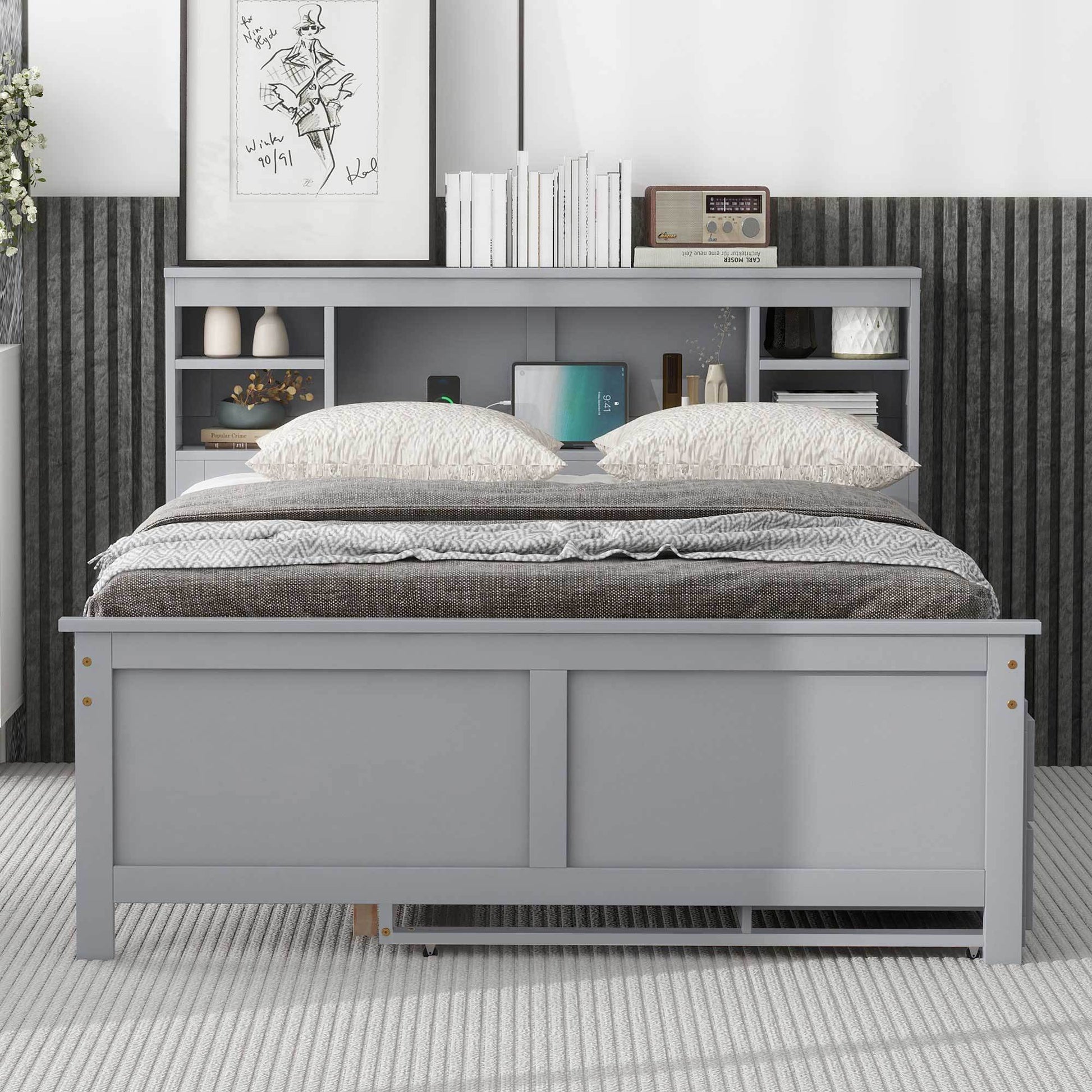 Full gray bed frame with bookshelves, storage, and usb
