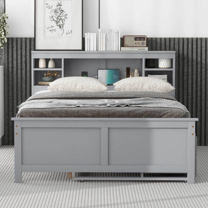 Full gray bed frame with bookshelves, storage, and usb