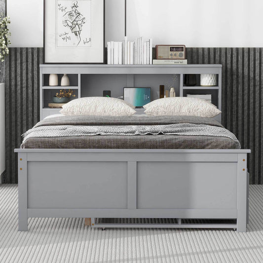 Full gray bed frame with bookshelves, storage, and usb