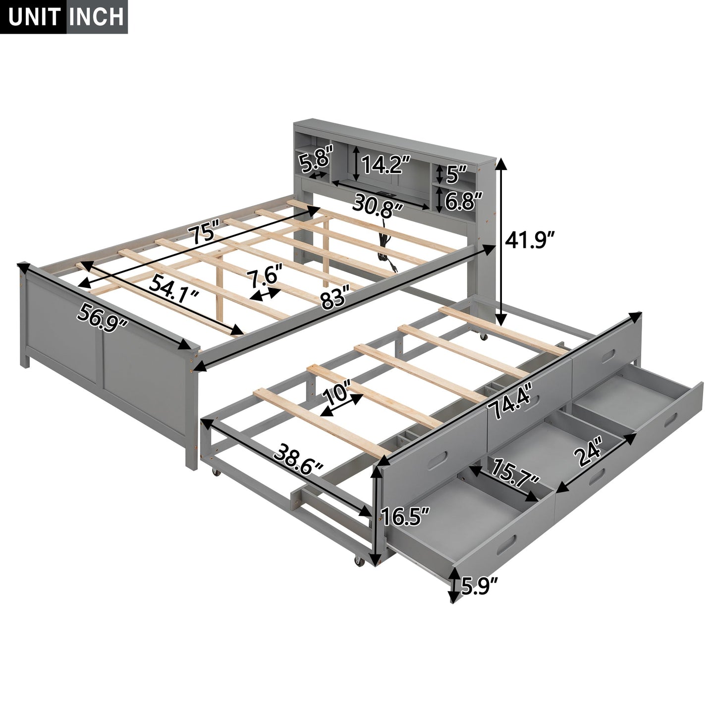 Gray full size trundle bed frame with dimensions labeled in inches on a white background