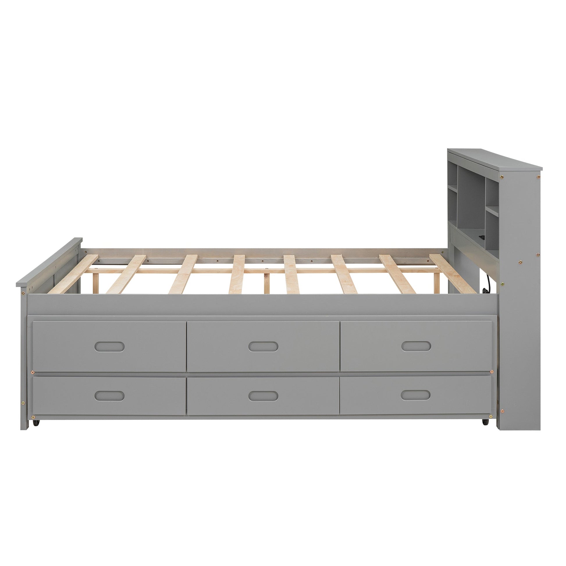 Gray full size trundle bed with a bookshelf, storage drawers, usb ports, and outlets