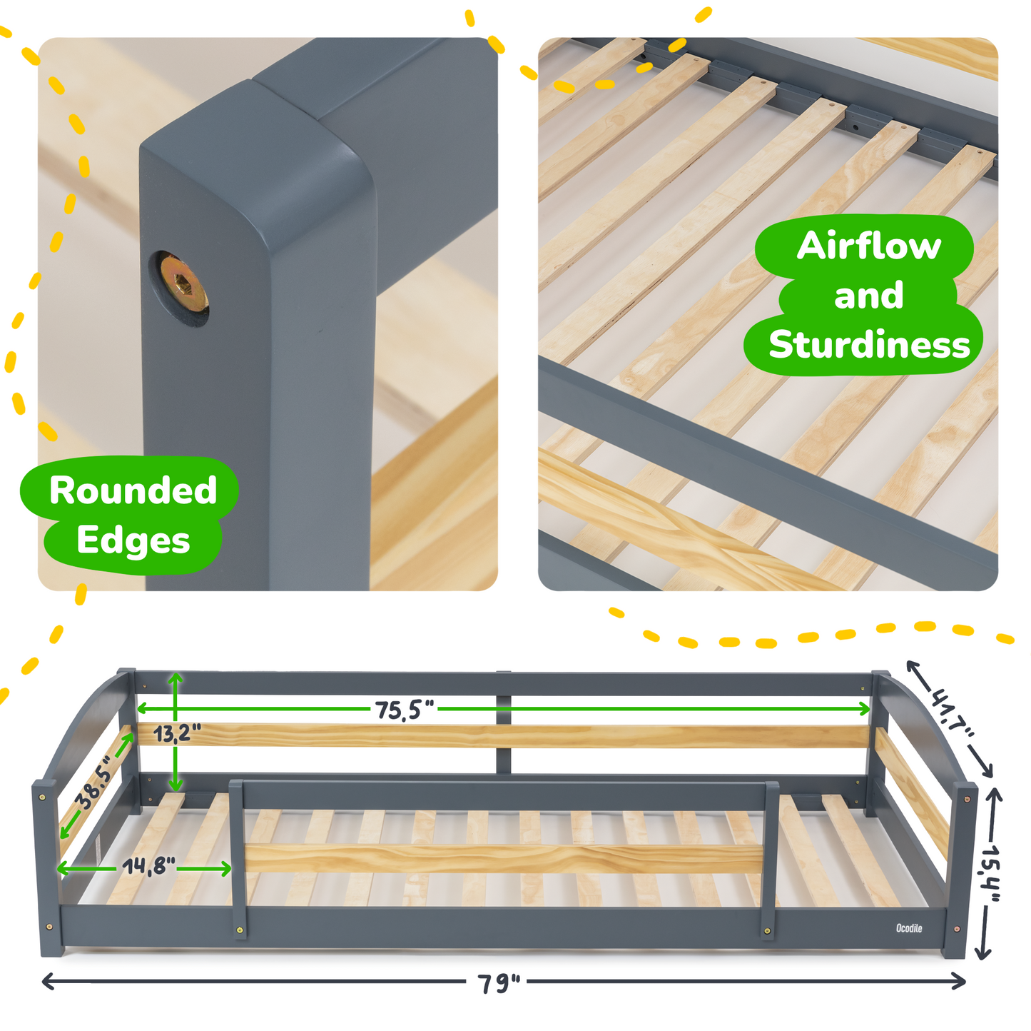 Gray metal bed frame with wooden slats, highlighting rounded edges and airflow, on a white background.