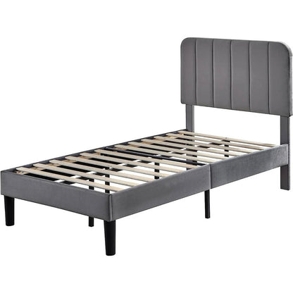 Twin Gray upholstered bed frame with wooden slats on a white background
