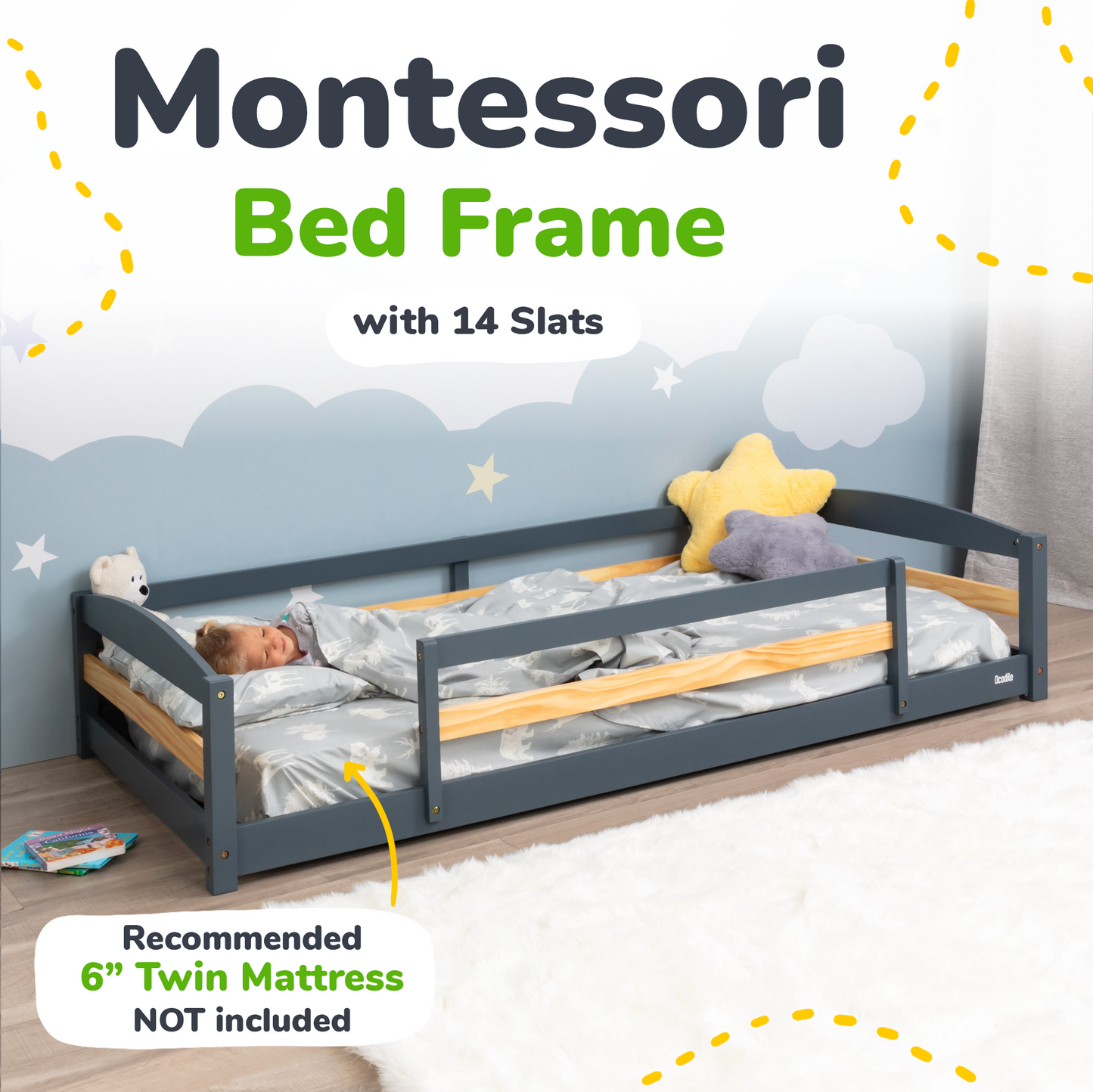 Montessori bed frame with 14 slats and a child sleeping in it, with a recommended mattress size indicated.