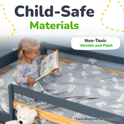 Child reading a book on a bed with 'Child-Safe Materials' and 'Non-Toxic Varnish and Paint' text.