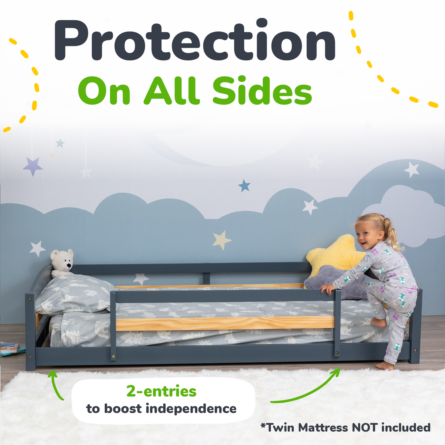 Child standing next to a bed with a safety rail, with text indicating 'Protection On All Sides' and '2-entries to boost independence'.