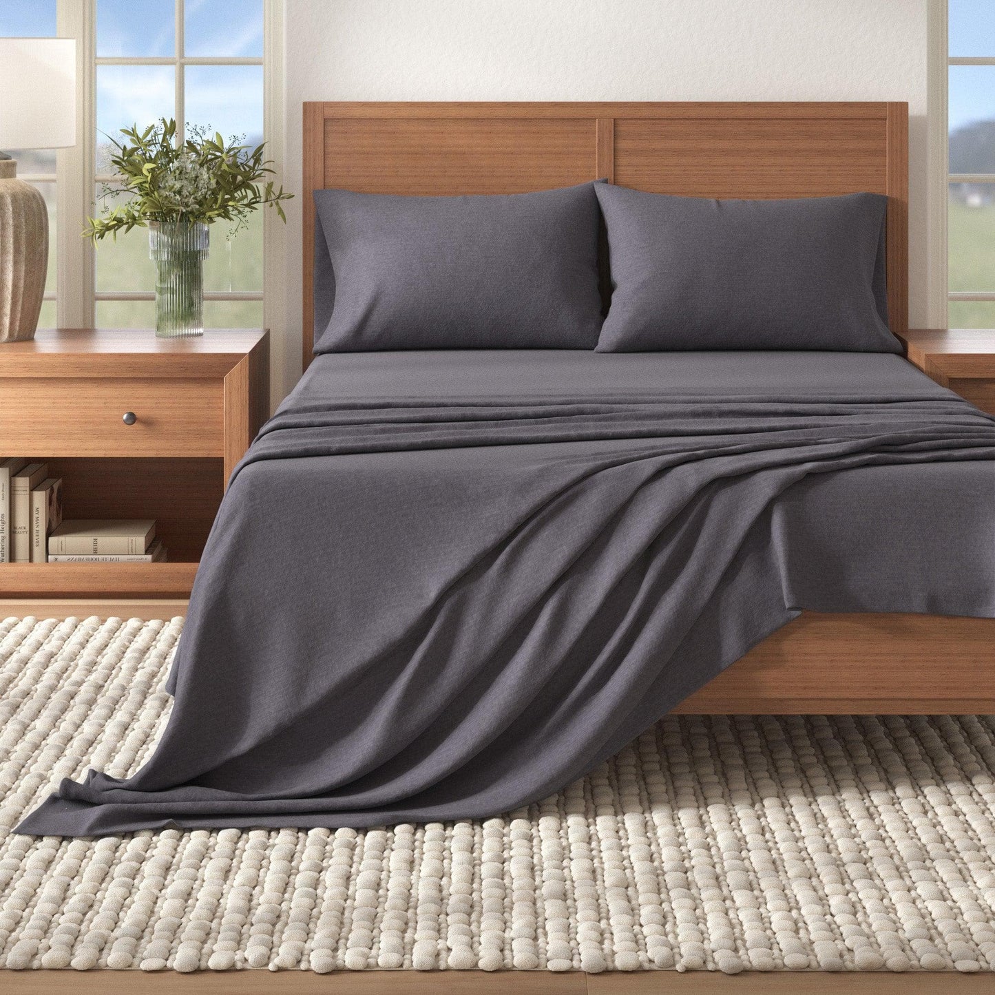 Sleep City Twin / Heathered Acai Purple 4 Piece Heathered Solid Cotton Blend Flannel Sheet Set - Anders Collection Great Bay Home