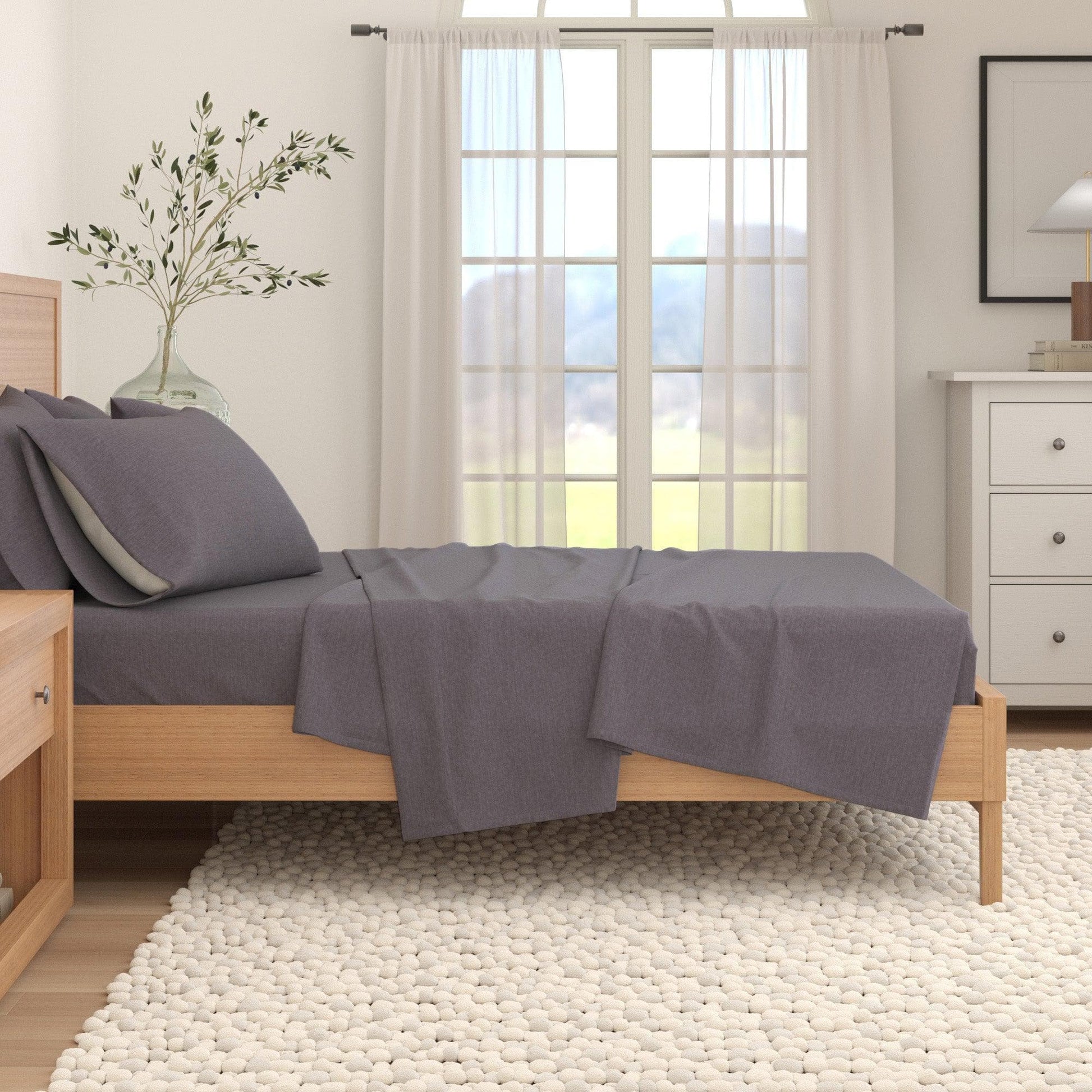 Sleep City Twin / Heathered Sand 4 Piece Heathered Solid Cotton Blend Flannel Sheet Set - Anders Collection Great Bay Home