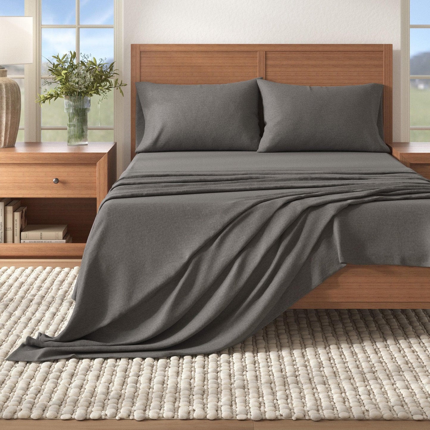 Sleep City Twin / Heathered Dark Grey 4 Piece Heathered Solid Cotton Blend Flannel Sheet Set - Anders Collection Great Bay Home