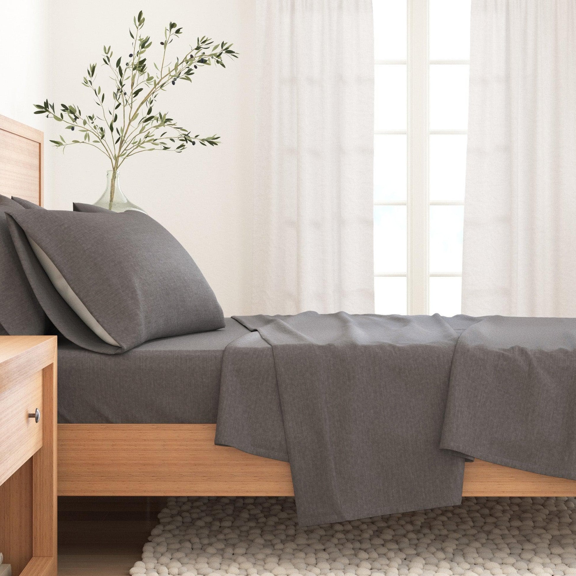 Sleep City Twin / Heathered Sand 4 Piece Heathered Solid Cotton Blend Flannel Sheet Set - Anders Collection Great Bay Home