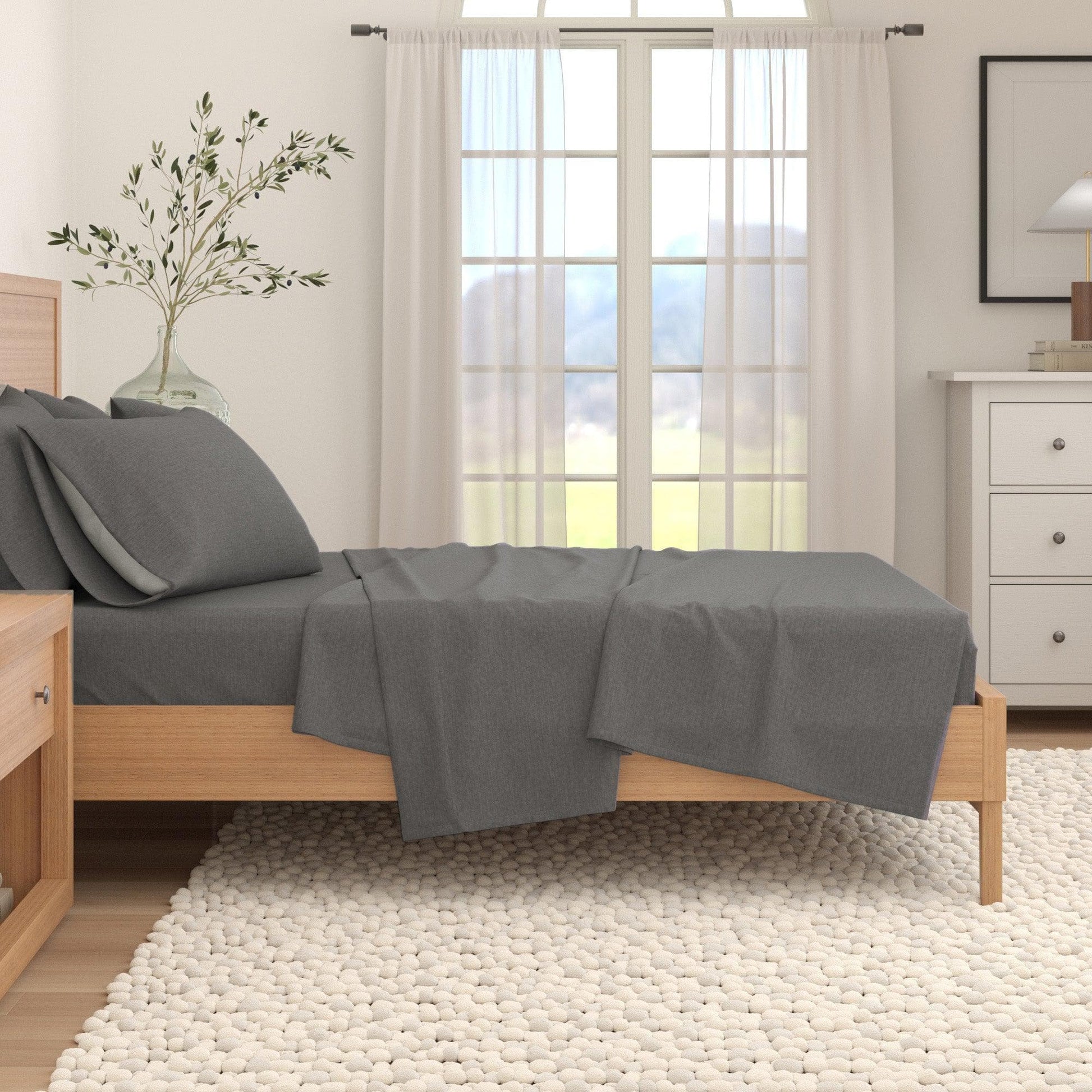 Sleep City Twin / Heathered Sand 4 Piece Heathered Solid Cotton Blend Flannel Sheet Set - Anders Collection Great Bay Home