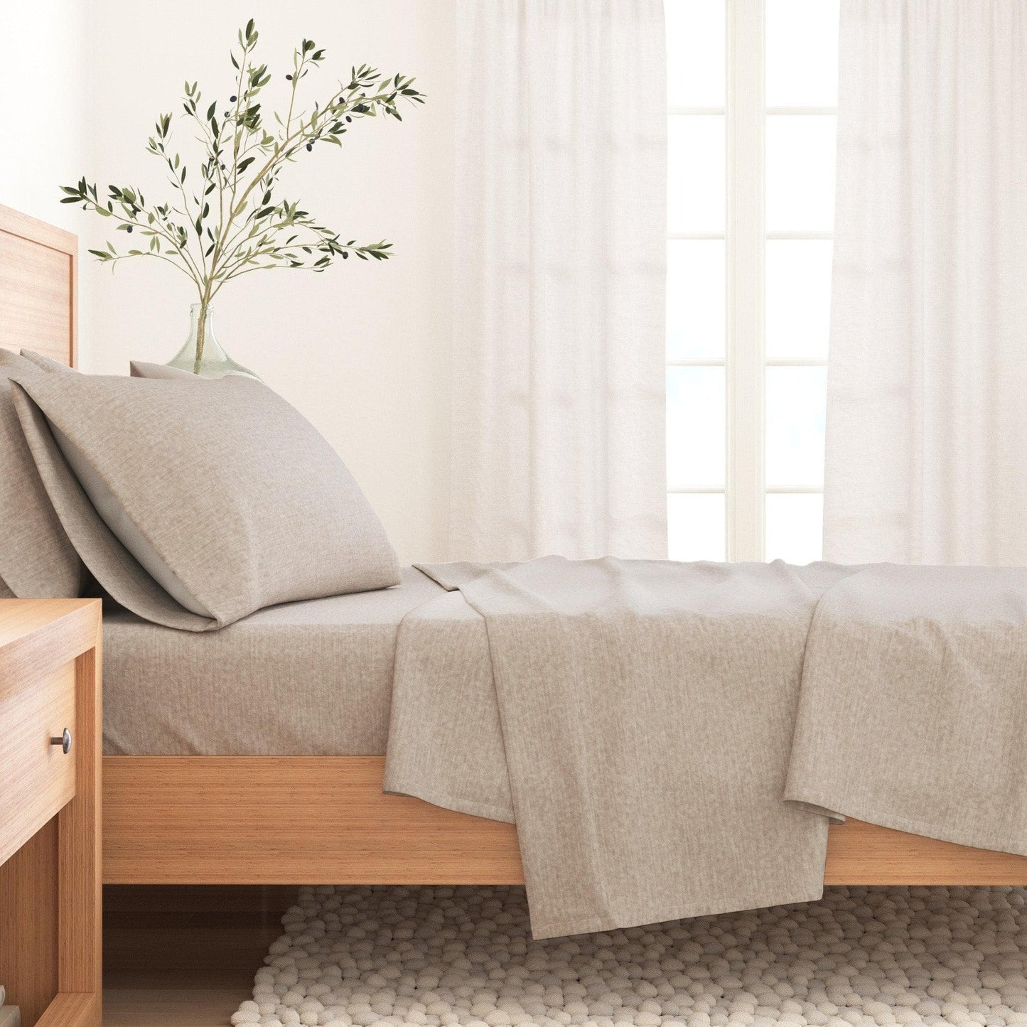 Sleep City Twin / Heathered Sand 4 Piece Heathered Solid Cotton Blend Flannel Sheet Set - Anders Collection Great Bay Home
