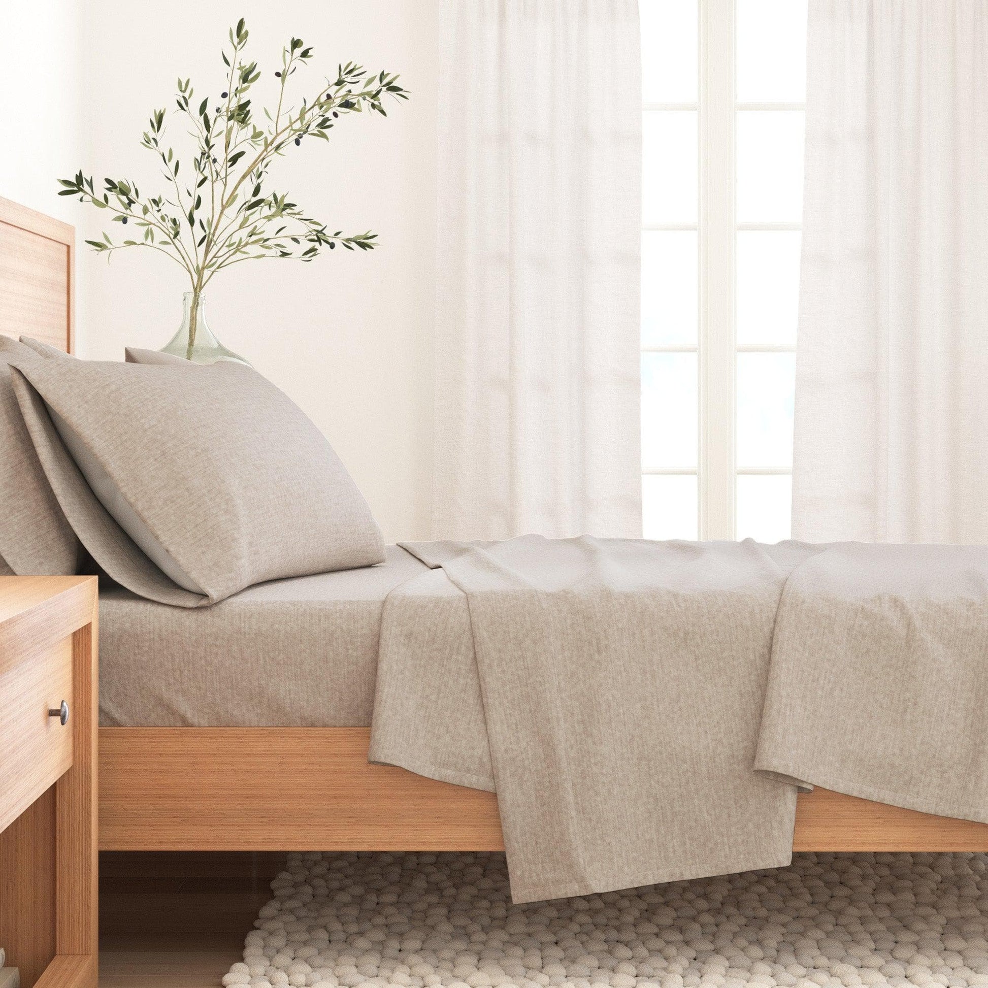 Sleep City Twin / Heathered Sand 4 Piece Heathered Solid Cotton Blend Flannel Sheet Set - Anders Collection Great Bay Home