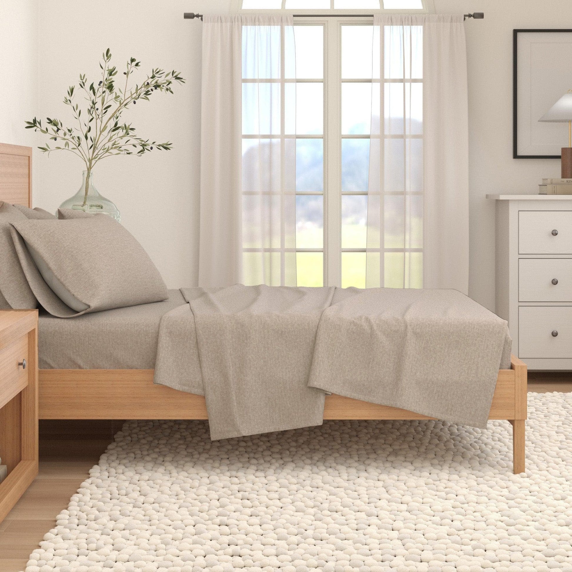 Sleep City Twin / Heathered Sand 4 Piece Heathered Solid Cotton Blend Flannel Sheet Set - Anders Collection Great Bay Home