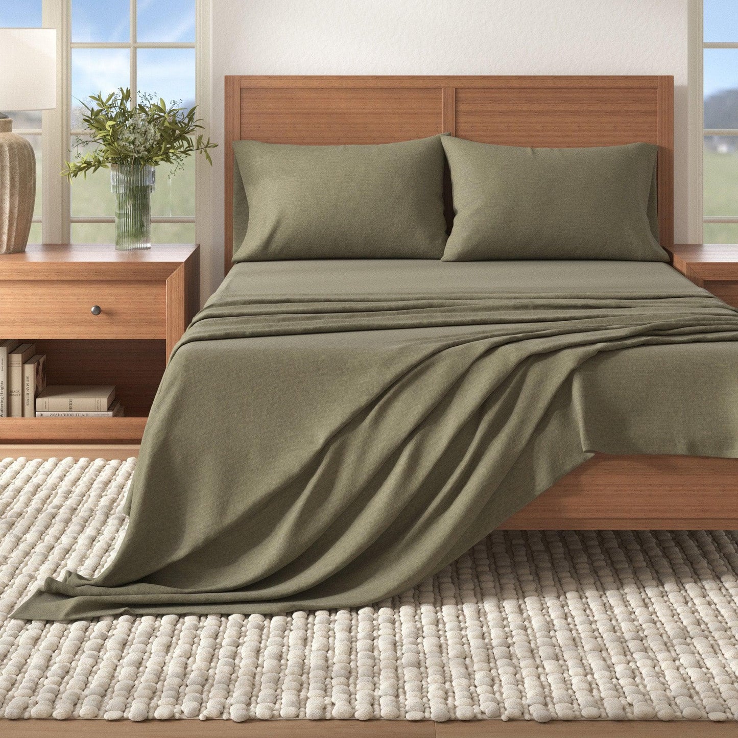 Sleep City Twin / Heathered Olive 4 Piece Heathered Solid Cotton Blend Flannel Sheet Set - Anders Collection Great Bay Home