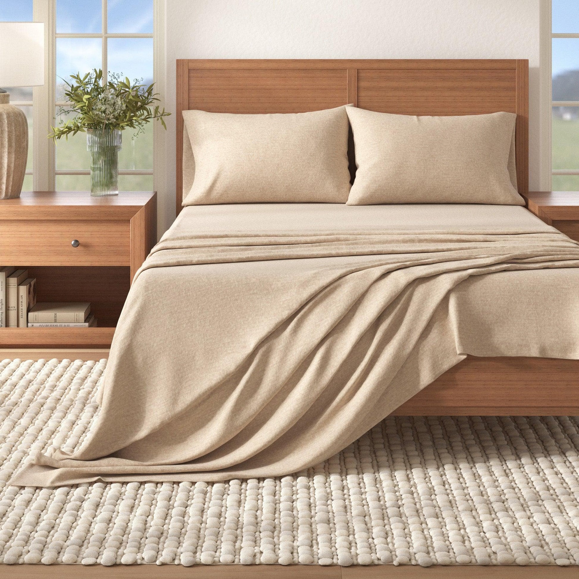 Sleep City Twin / Heathered Sand 4 Piece Heathered Solid Cotton Blend Flannel Sheet Set - Anders Collection Great Bay Home