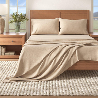 Sleep City Twin / Heathered Sand 4 Piece Heathered Solid Cotton Blend Flannel Sheet Set - Anders Collection Great Bay Home