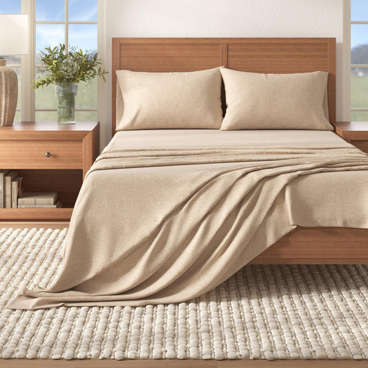 Sleep City Twin / Heathered Sand 4 Piece Heathered Solid Cotton Blend Flannel Sheet Set - Anders Collection Great Bay Home