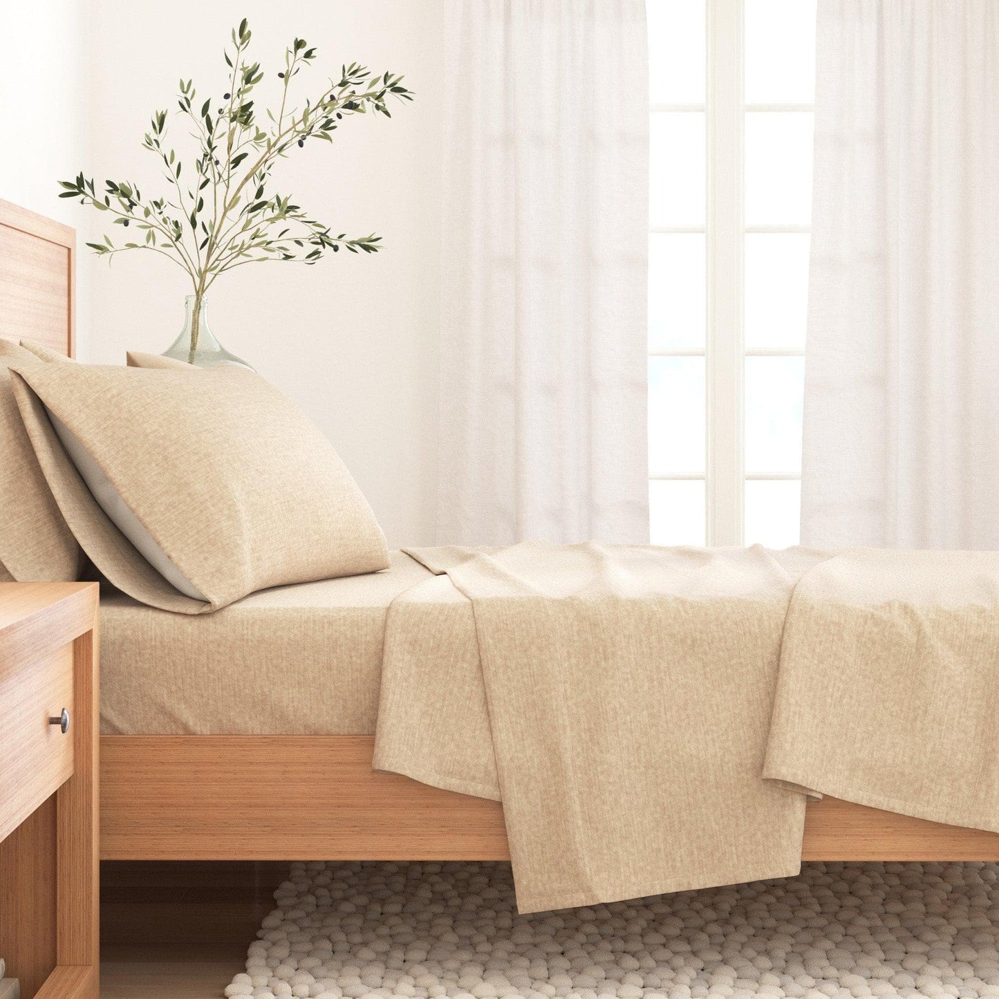 Sleep City Twin / Heathered Sand 4 Piece Heathered Solid Cotton Blend Flannel Sheet Set - Anders Collection Great Bay Home
