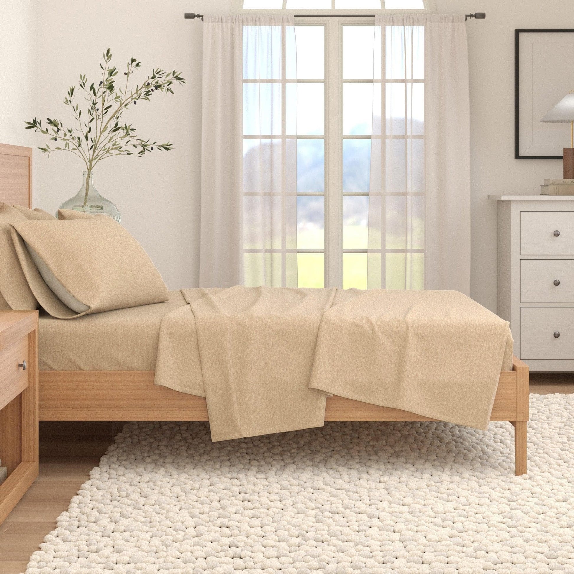 Sleep City Twin / Heathered Sand 4 Piece Heathered Solid Cotton Blend Flannel Sheet Set - Anders Collection Great Bay Home