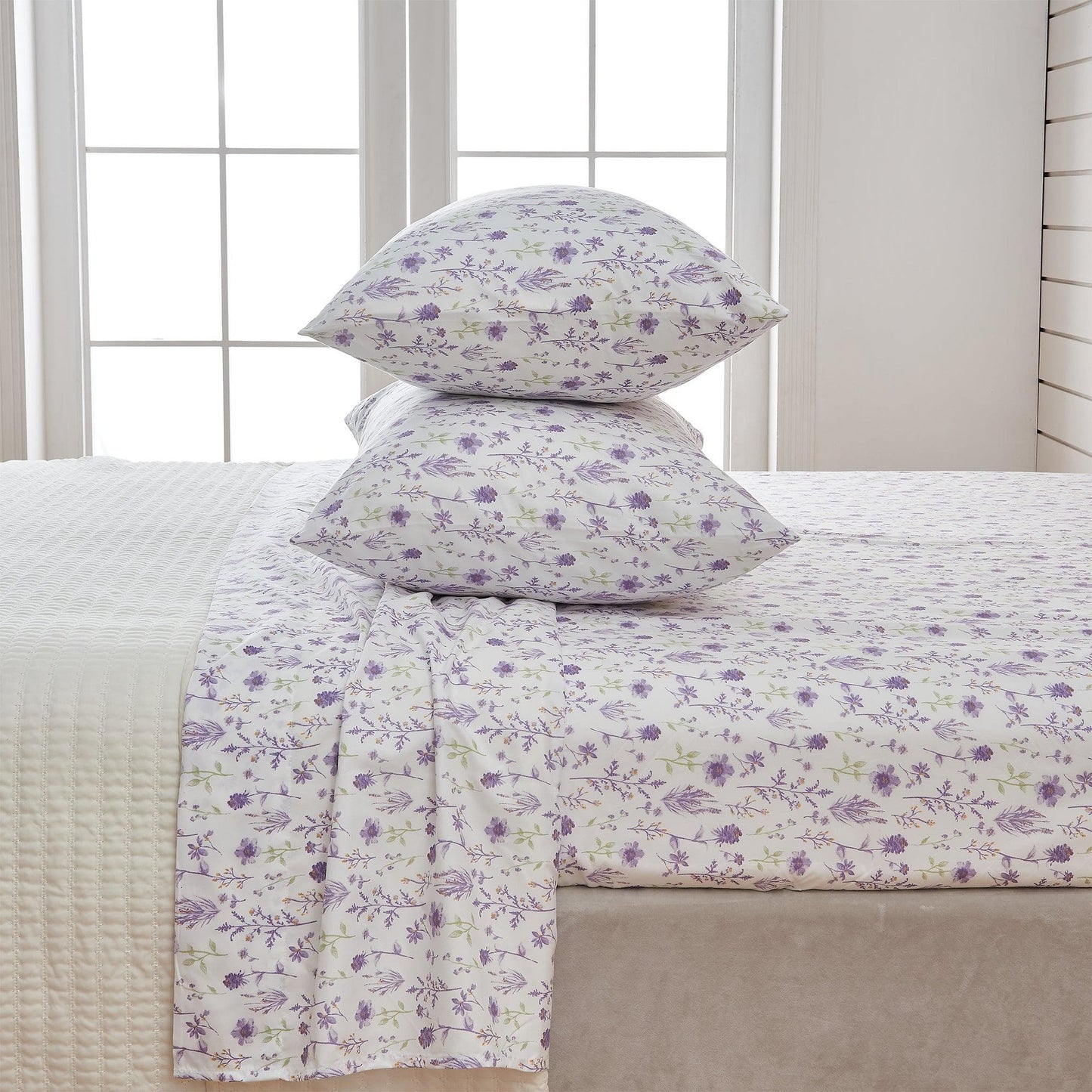 Sleep City Twin / Colorful Floral - Lavender Sheets 4 Piece Watercolor Floral Microfiber Sheet - Delia Collection Great Bay Home