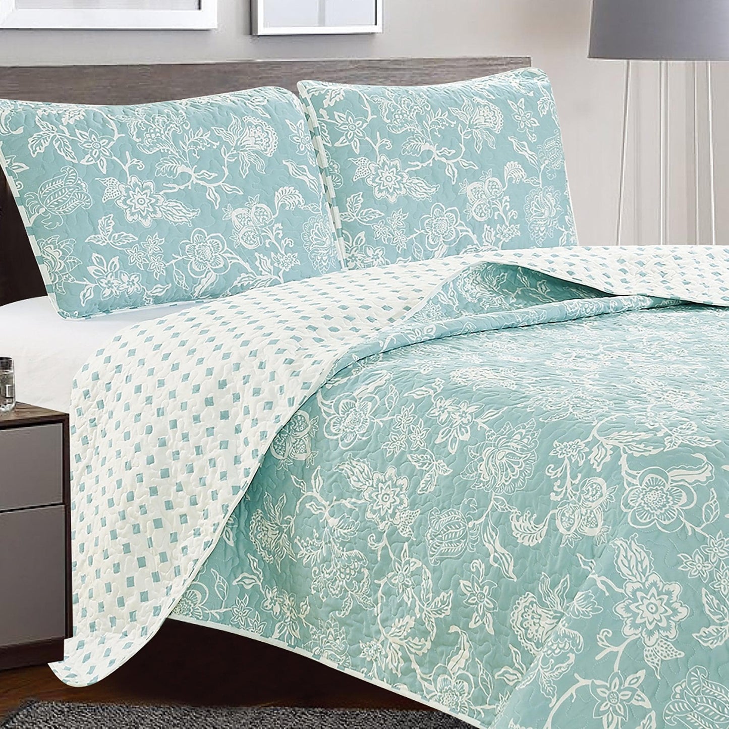 Sleep City Twin / Emma - Grey Quilts 3-Piece Floral Quilt - Emma Collection Great Bay Home