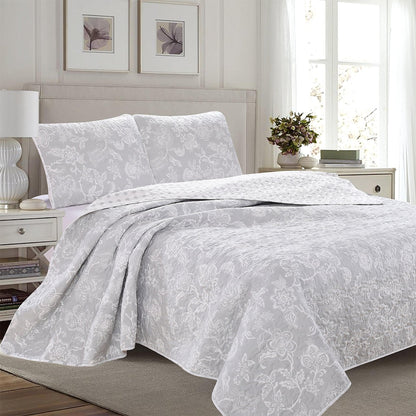 Sleep City Twin / Emma - Grey Quilts 3-Piece Floral Quilt - Emma Collection Great Bay Home