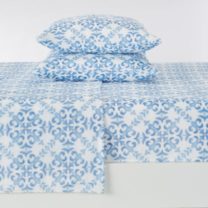 Sleep City Full / Watercolor Damask - Blue Sheets 4-Piece Printed Plush Sheet - Velvet Luxe Lattice Collection Great Bay Home