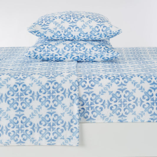 Sleep City Full / Watercolor Damask - Blue Sheets 4-Piece Printed Plush Sheet - Velvet Luxe Lattice Collection Great Bay Home