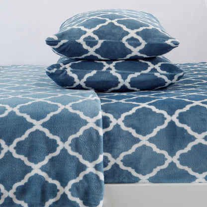 Sleep City Twin / Lattice - Smoke Blue / White Sheets 4-Piece Printed Plush Sheet - Velvet Luxe Lattice Collection Great Bay Home