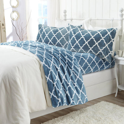 Sleep City Twin / Lattice - White / Jade Sheets 4-Piece Printed Plush Sheet - Velvet Luxe Lattice Collection Great Bay Home