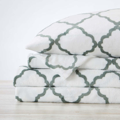 Sleep City Twin / Lattice - White / Jade Sheets 4-Piece Printed Plush Sheet - Velvet Luxe Lattice Collection Great Bay Home