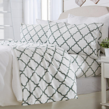 Sleep City Twin / Lattice - White / Jade Sheets 4-Piece Printed Plush Sheet - Velvet Luxe Lattice Collection Great Bay Home