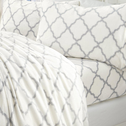 Sleep City Twin / Lattice - White / Jade Sheets 4-Piece Printed Plush Sheet - Velvet Luxe Lattice Collection Great Bay Home