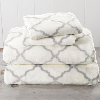 Sleep City Twin / Lattice - White / Jade Sheets 4-Piece Printed Plush Sheet - Velvet Luxe Lattice Collection Great Bay Home