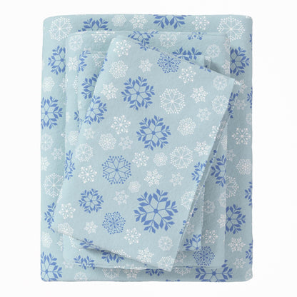 Sleep City Twin / Blue Snowflake Sheets 4-Piece Turkish Cotton Flannel Sheet - Stratton Collection Great Bay Home