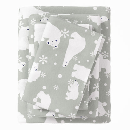 Sleep City Twin / Grey Polar Bears Sheets 4-Piece Turkish Cotton Flannel Sheet - Stratton Collection Great Bay Home