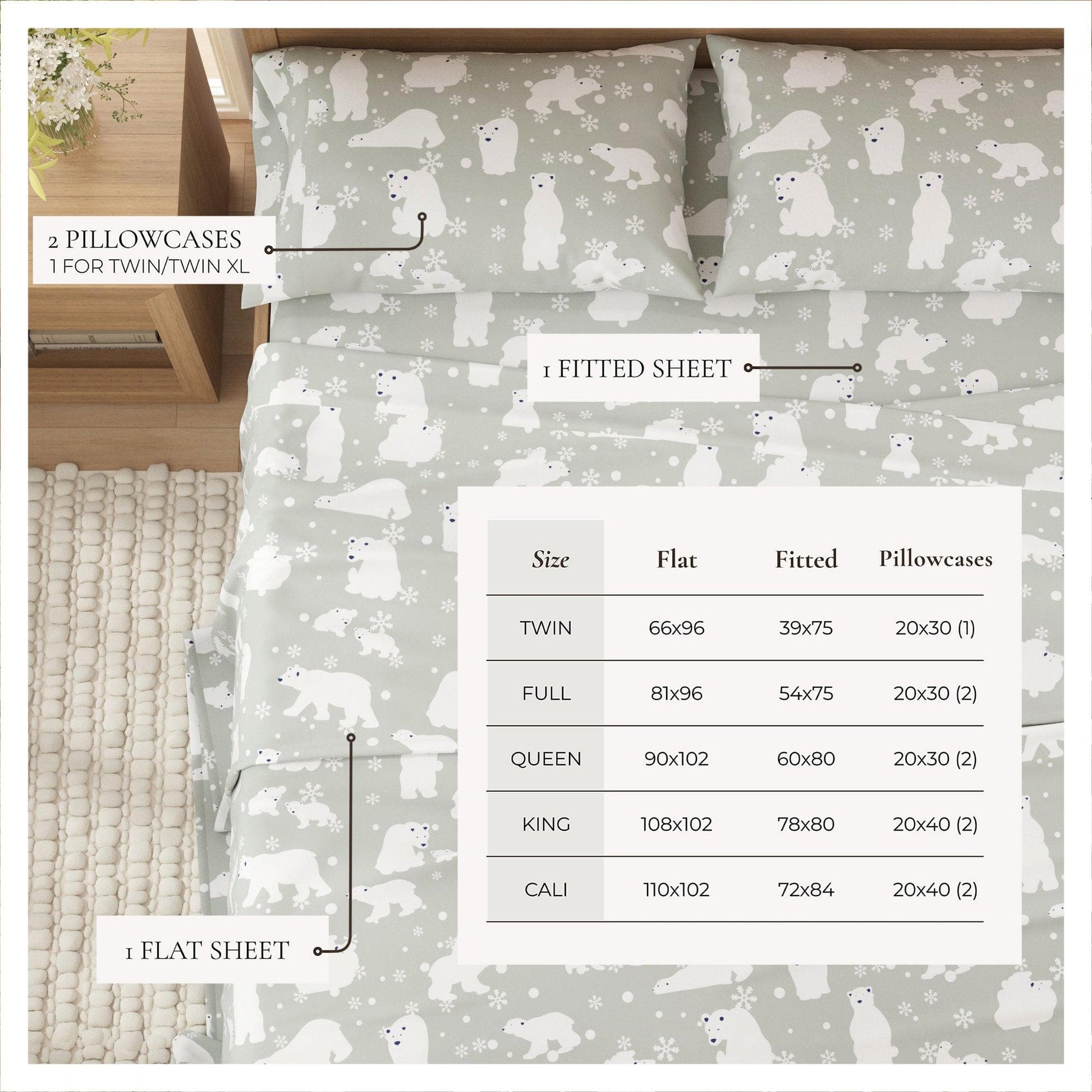 Sleep City Twin / Polar Bears Sheets 4-Piece Turkish Cotton Flannel Sheet - Stratton Collection Great Bay Home